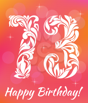 Bright Greeting card Template. Celebrating 73 years birthday. Decorative Font with swirls and floral elements.