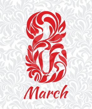 8 March. Decorative Font made of swirls and floral elements. Background gray gentle pattern