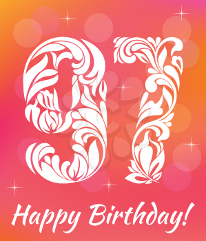 Bright Greeting card Template. Celebrating 97 years birthday. Decorative Font with swirls and floral elements.