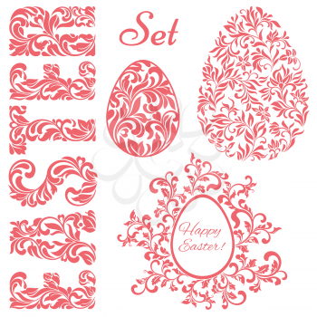 Easter set. Word EASTER and Easter eggs made of swirls and floral elements isolated on a white background