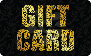 GIFT CARD. The inscription created from a floral ornament. Golden Letters on a black background with floral pattern