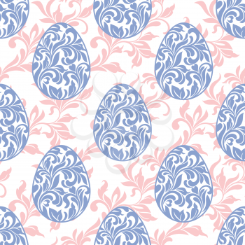 Seamless pattern. Easter eggs with floral elements on a white background with vintage pattern. The pattern can be used for printing on textiles, wallpaper, packaging