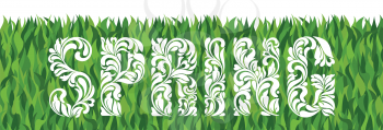 SPRING. Decorative Font made of swirls and floral elements. Background made of grass