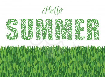 Hello SUMMER. Decorative Font made in swirls and floral elements isolated on a white background with grass 