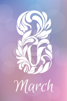 8 March. Greeting card or poster. Eight of the flower ornament. Delicate blurred background of pink and blue tones
