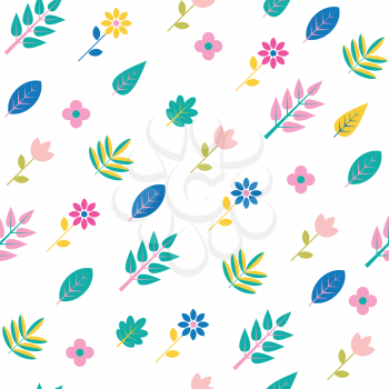 Seamless pattern in Memphis style of 80-90. Vector background with Colorful leaves and flowers isolated on a white background