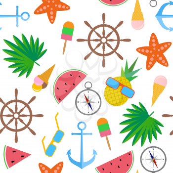 Seamless pattern. All objects isolated on white background. Watermelon, pineapple, starfish, glasses, ice cream, palm leaves, anchor, compass, steering wheel