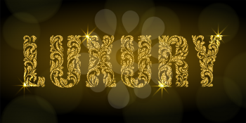 Luxury. Letters  from a floral ornament with golden glitter and sparks on a dark background with bokeh. Luxury design