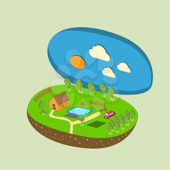 Vector piece of land and sky with objects.