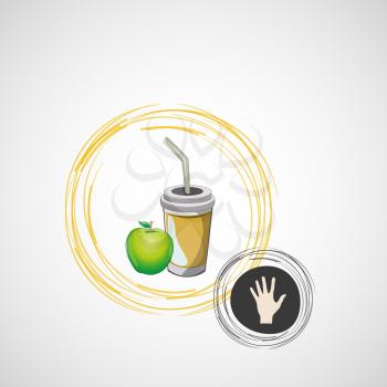 Vector sketch paper cup with straw and apple.