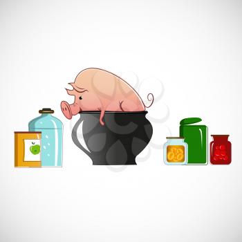 Pig in a pot on light background.