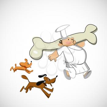 Chef carrying a bone for dogs. Vector sketch.