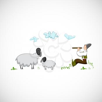 Shepherd plays the flute for sheep. Vector design.