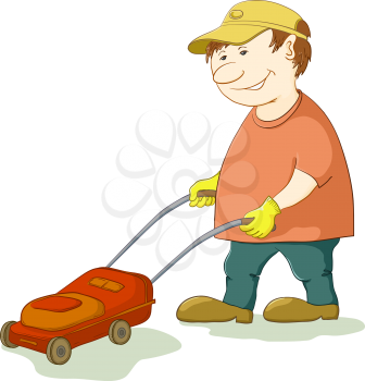Cartoon lawn mower man work, isolated on white background. Vector