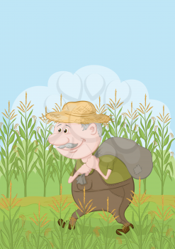 Farmer cartoon man carries a sack in the corn field. Vector