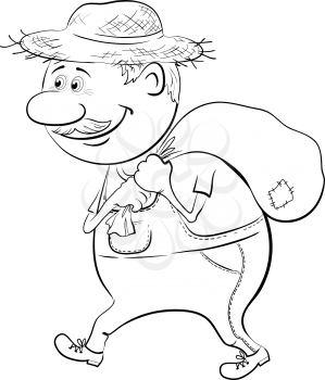 Old man in a straw hat carries a canvas bag, outline. Vector illustration