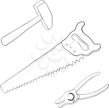 Set operating tool: hammer, saw and pliers, contours. Vector
