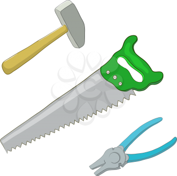Set vector operating tool: hammer, saw and pliers. Vector