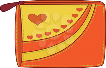 Female orange and yellow purse for money with valentine hearts. Vector