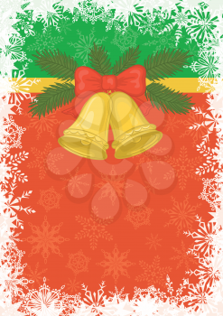 Background for Christmas holiday design: gold bells, pine branch and snowflakes. Eps10, contains transparencies. Vector
