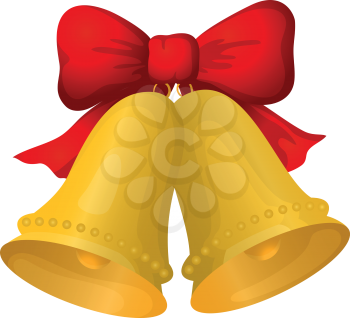 Christmas decoration, golden bells with red bow isolated on white background. Vector