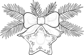 Christmas decoration, contours: star with floral pattern, bow and fir branches. Vector