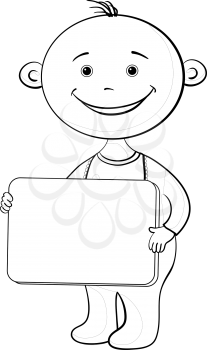 Cheerful smiling child with a plate for your text, contours. Vector