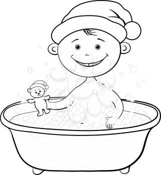 Christmas cartoon, cheerful child Santa Claus washing in a bath and playing with a teddy bear, black contour on white background. Vector
