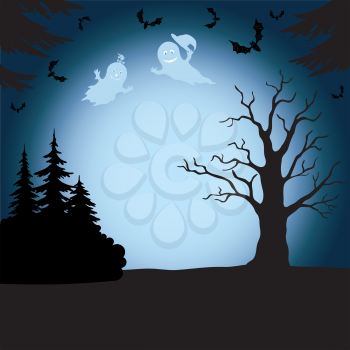 Halloween cartoon landscape with silhouettes of trees, ghosts and bats. Vector