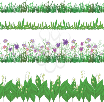 Set seamless of flowers and green grass, isolated on white background. Vector