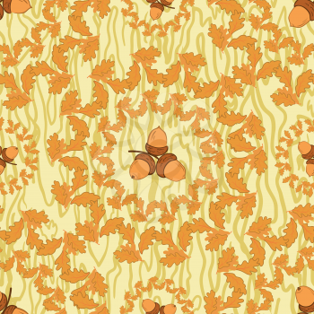 Seamless background, pattern of oak leaves and acorns. Vector