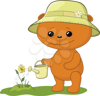 Teddy bear gardener waters a bed with a flower from a watering can. Vector