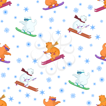 Seamless background, cartoon teddy bears ski on a snowboard and skis. Vector