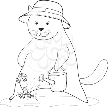 Vector, cat gardener watering a flower from a watering can, contours