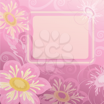 Pink background with white frame and flowers dahlia. Vector
