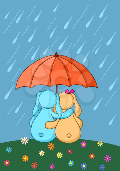 Cartoon rabbits having embraced sit under an umbrella and look at a rain. Vector