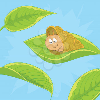 Cartoon cheerful snail on a green leaf against the blue sky. Vector