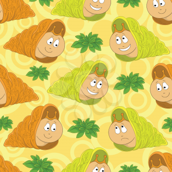 Seamless Background, Cartoon Snails and Green Plants. Vector