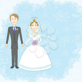 Cartoon, the bride and groom on a blue background with white floral pattern. Vector