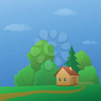 Cartoon summer landscape: country house in forest near to trees. Vector