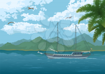 Tropical Sea Landscape, Sailboat Ship, Mountains, Palm Tree Branches, Sky with Clouds and Birds Gulls. Vector