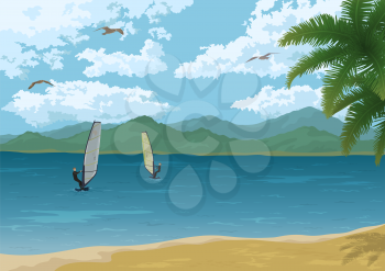 Landscape, Surfers to Sail in the Sea, Palm Tree Branches, Mountains and Sea Gulls in the Sky with Clouds. Eps10, Contains Transparencies. Vector