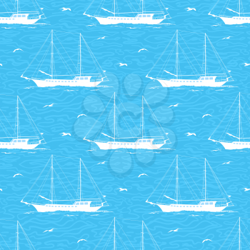 Seamless Pattern, Sailboats Ships and Birds Gulls in the Sea, White Silhouettes on a Blue Background with Symbolical Waves. Vector