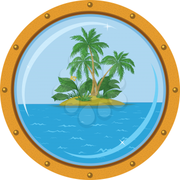 Tropical sea island with palm trees, view from the bronze ship window - porthole. Vector