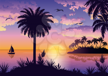 Tropical sea landscape, black silhouettes islands with palm trees and flowers, ship, sky with clouds, sun and birds gulls. Eps10, contains transparencies. Vector