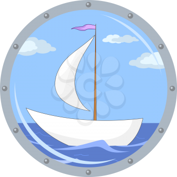 Window porthole with the ship floating on the sea and the blue sky with clouds. Vector