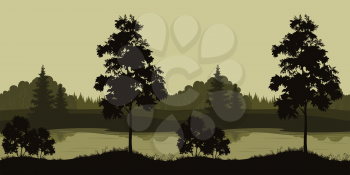 Seamless Summer Evening Landscape, Trees Silhouettes and Forest River. Vector