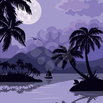 Exotic Tropical Night Landscape with Moonlit Sky, Sea Islands with Palm Trees and Sailboat Silhouettes. Element of This Image Furnished By NASA, www.visibleearth.nasa.gov. Vector