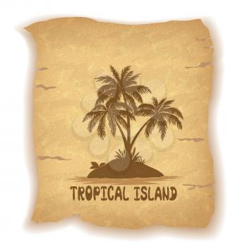 Tropical Landscape, Sea Island with Palm Trees and Grass Silhouettes on Vintage Background of an Old Sheet of Paper. Eps10, Contains Transparencies. Vector