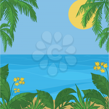 Vector, view of sea, sun and sky, frame of a tropical foliage and flowers